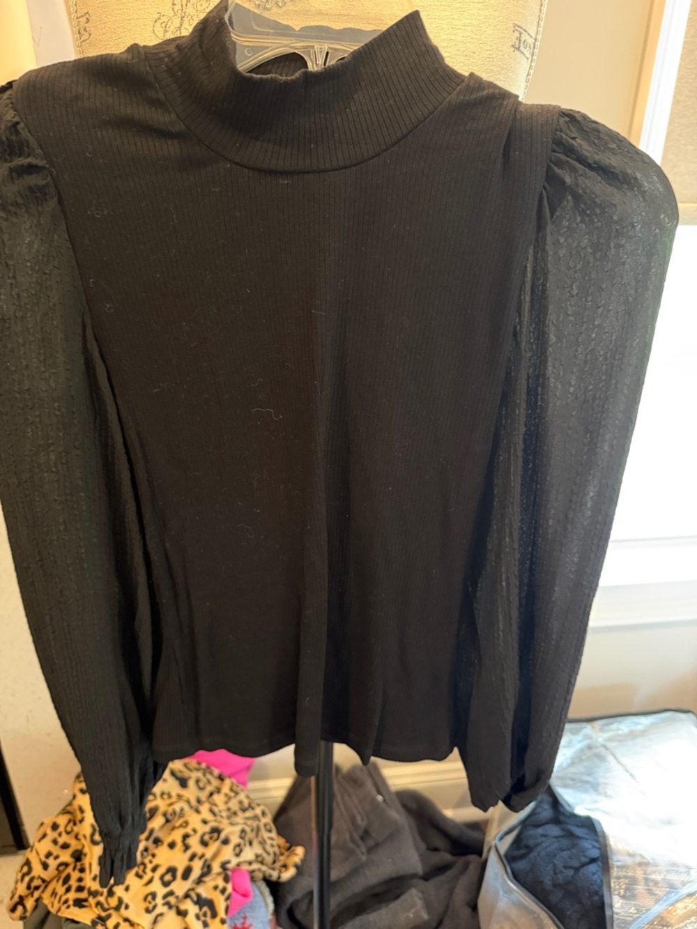 Heartloom Black Mock Neck Puff-Sleeve Top